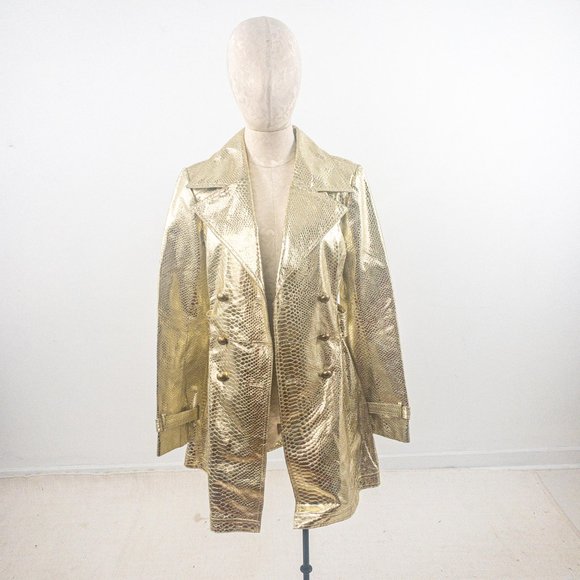 Vintage 90s S Real Leather Gold Croc Print Coat - Picture 10 of 10